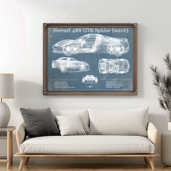 Ferrari 488 GTB Spider (2016) Blueprint Vintage Auto Print