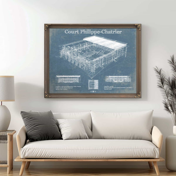 Stade Court Philippe Chatrier - Roland Garros - Vintage France Tennis Blueprint Art