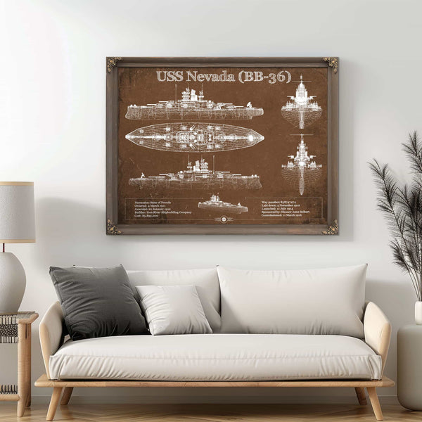 USS Nevada (BB-36) Battleship Blueprint Original Military Wall Art - Customizable