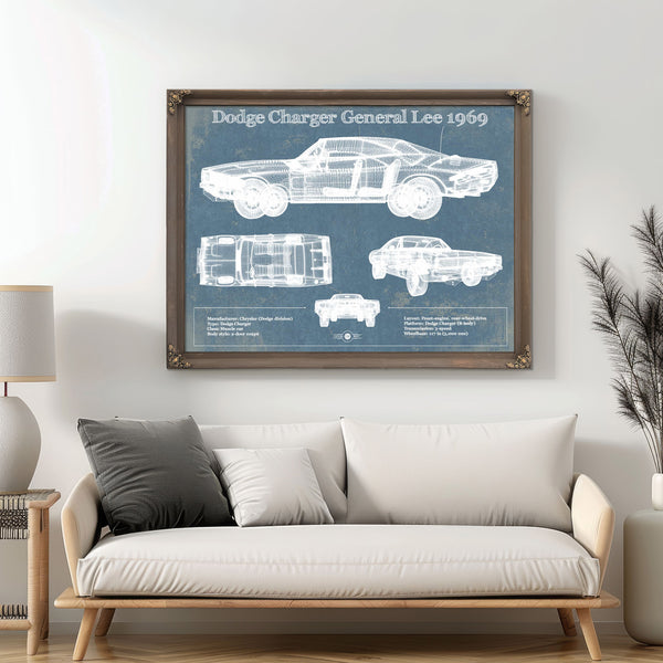 Dodge Charger (Mk2) (B Body) General Lee 1969 Vintage Blueprint Auto Print