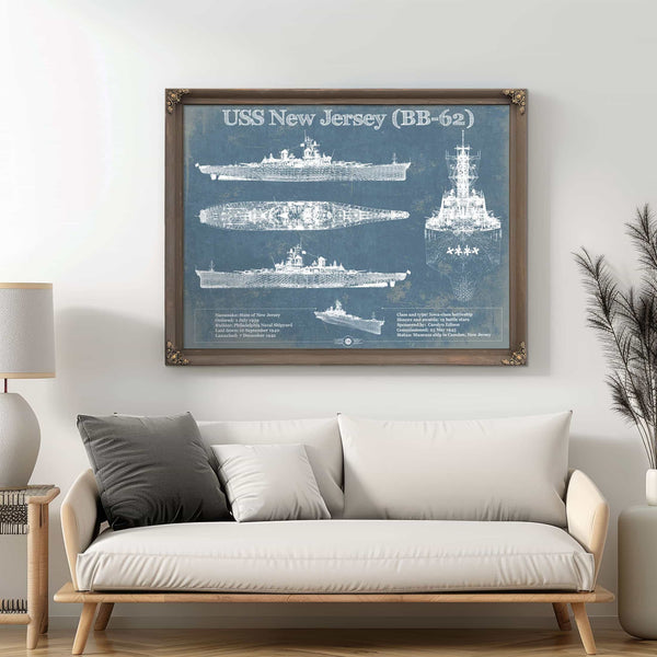 USS New Jersey (BB-62) Battleship Blueprint Original Military Wall Art - Customizable