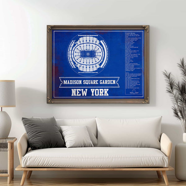 New York Rangers Team Colors - Madison Square Garden Vintage Hockey Blueprint NHL Print