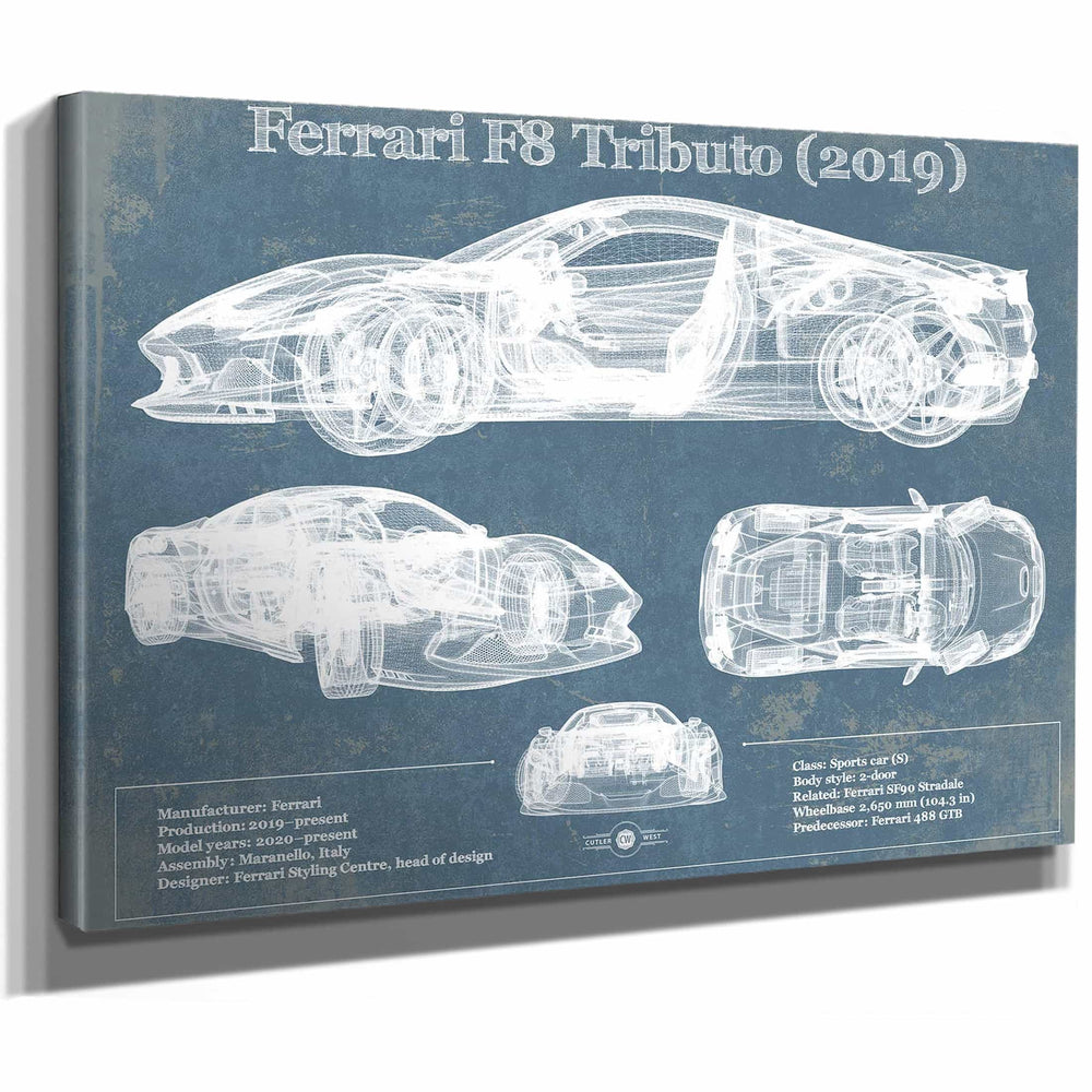 Ferrari F8 Tributo (2019) Blueprint Vintage Auto Print