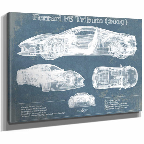 Ferrari F8 Tributo (2019) Blueprint Vintage Auto Print