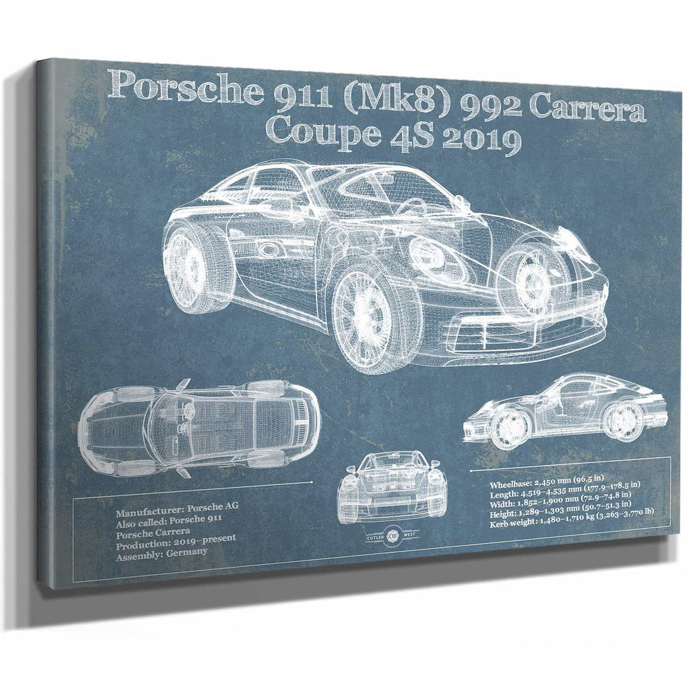 Porsche 911 Mk8 992 Carrera Coupe 4s 2019 Vintage Blueprint Auto Print