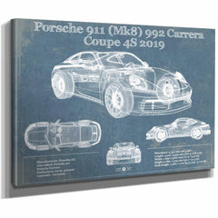 Porsche 911 Mk8 992 Carrera Coupe 4s 2019 Vintage Blueprint Auto Print