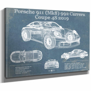 Porsche 911 Mk8 992 Carrera Coupe 4s 2019 Vintage Blueprint Auto Print
