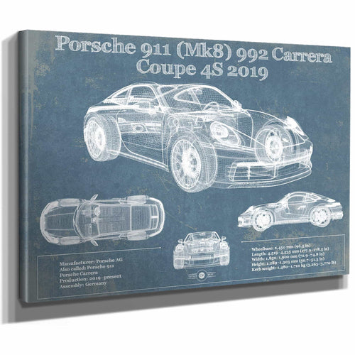 Porsche 911 Mk8 992 Carrera Coupe 4s 2019 Vintage Blueprint Auto Print