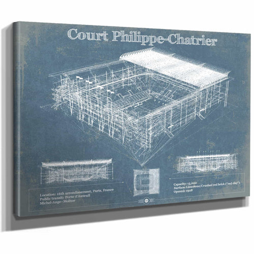 Stade Court Philippe Chatrier - Roland Garros - Vintage France Tennis Blueprint Art