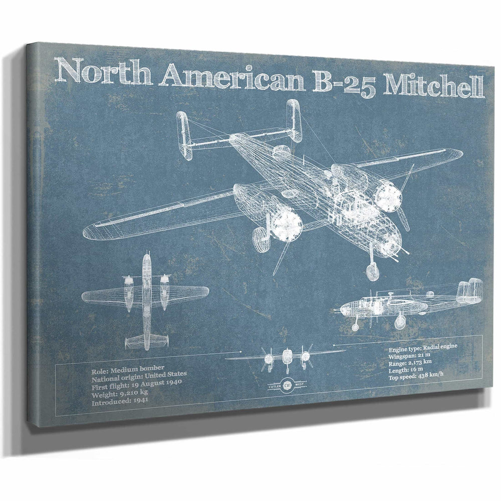 North American B-25 Mitchell Vintage Aviation Blueprint Military Print - Custom Name and Squadron Text