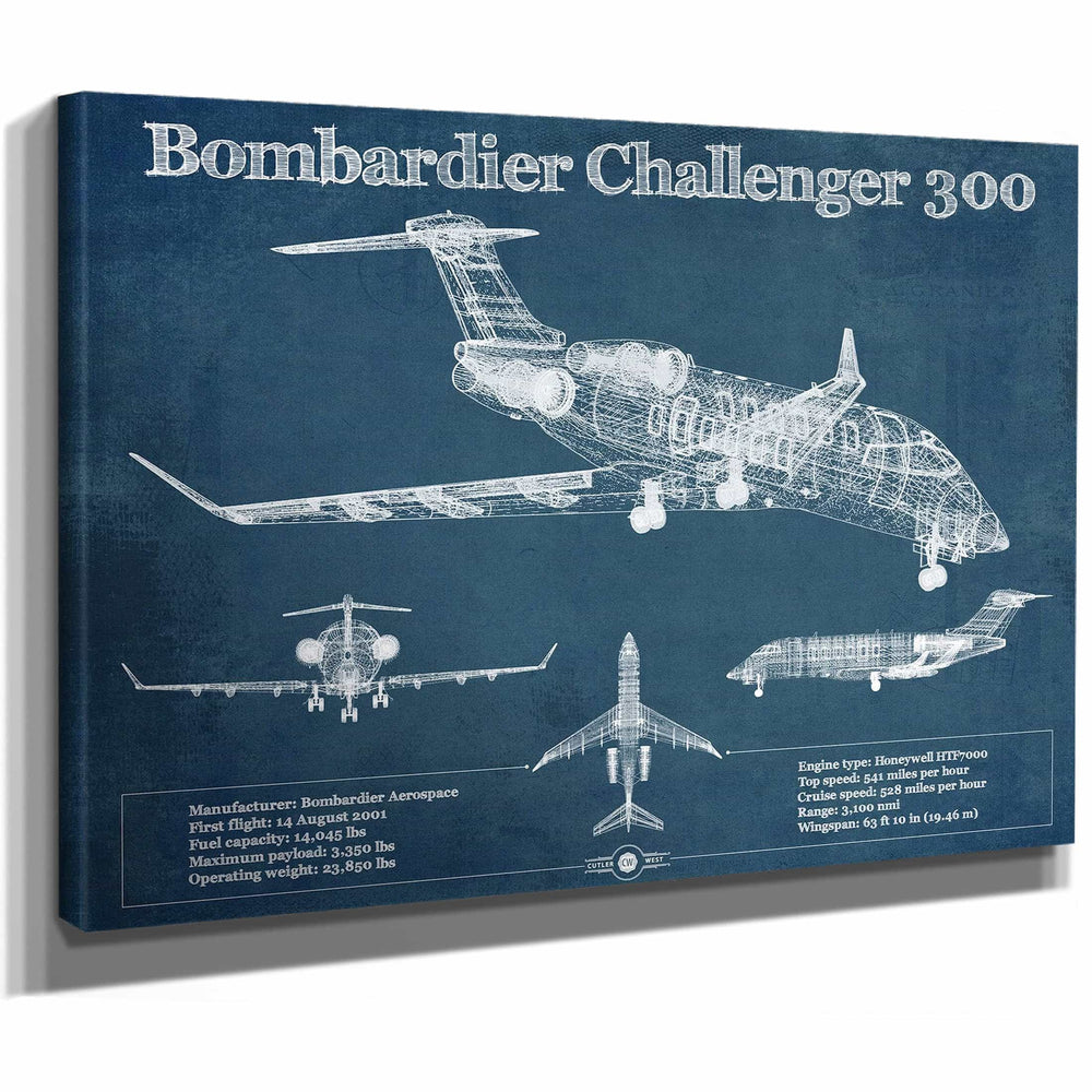 Bombardier Challenger 300 Vintage Aviation Blueprint Print - Custom Pilot Name can be Added