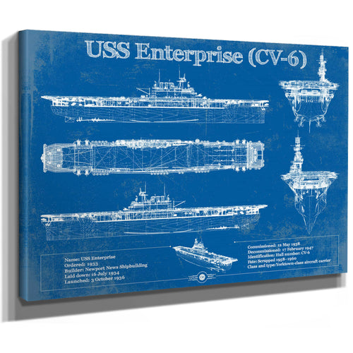 USS Enterprise (CV-6) Aircraft Carrier Blueprint Original Military Wall Art - Customizable