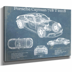 Porsche Cayman 718 T 2018 Vintage Blueprint Auto Print