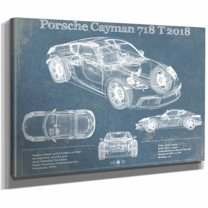 Porsche Cayman 718 T 2018 Vintage Blueprint Auto Print