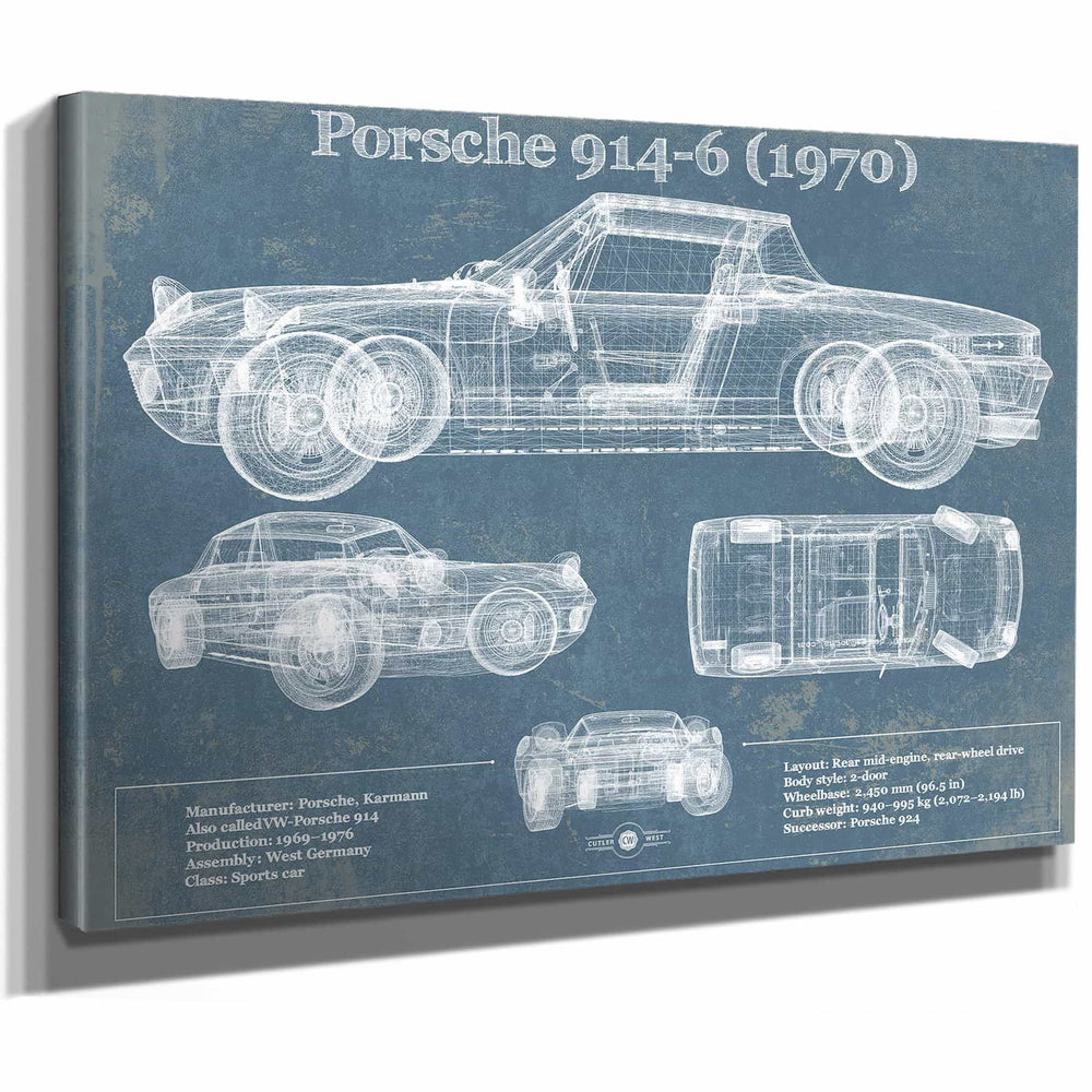 1970 Porsche 914-6 Vintage Blueprint Auto Print