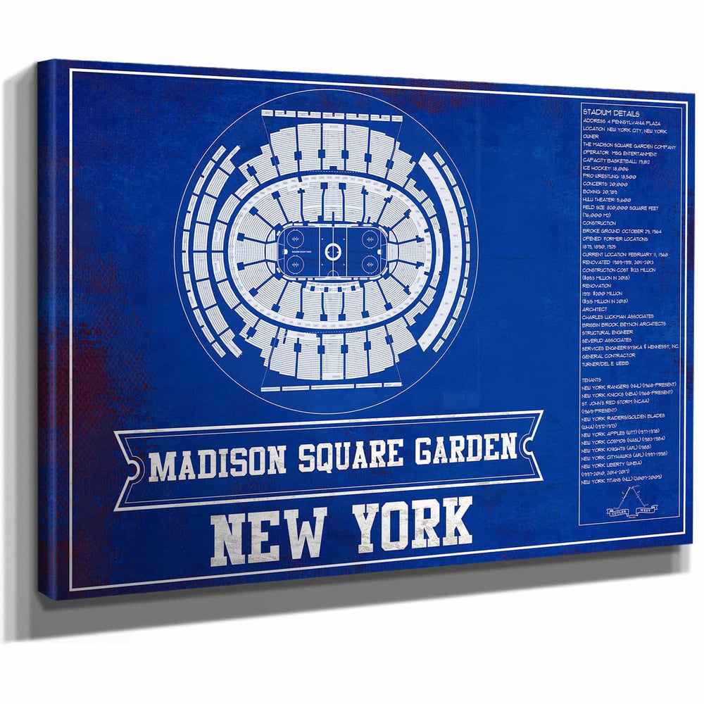 New York Rangers Team Colors - Madison Square Garden Vintage Hockey Blueprint NHL Print