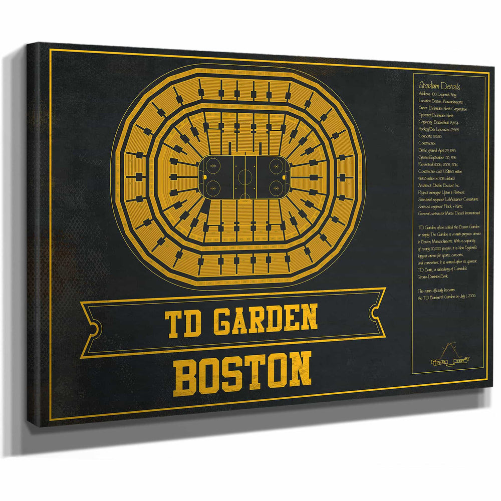 Boston Bruins Team Colors - TD Garden Vintage Hockey Blueprint NHL Print