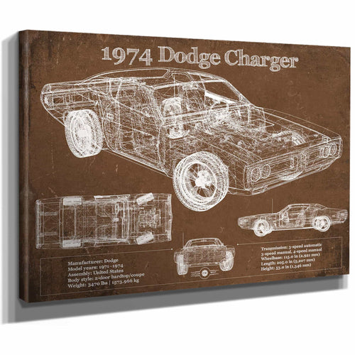 1974 Dodge Charger Vintage Blueprint Auto Print