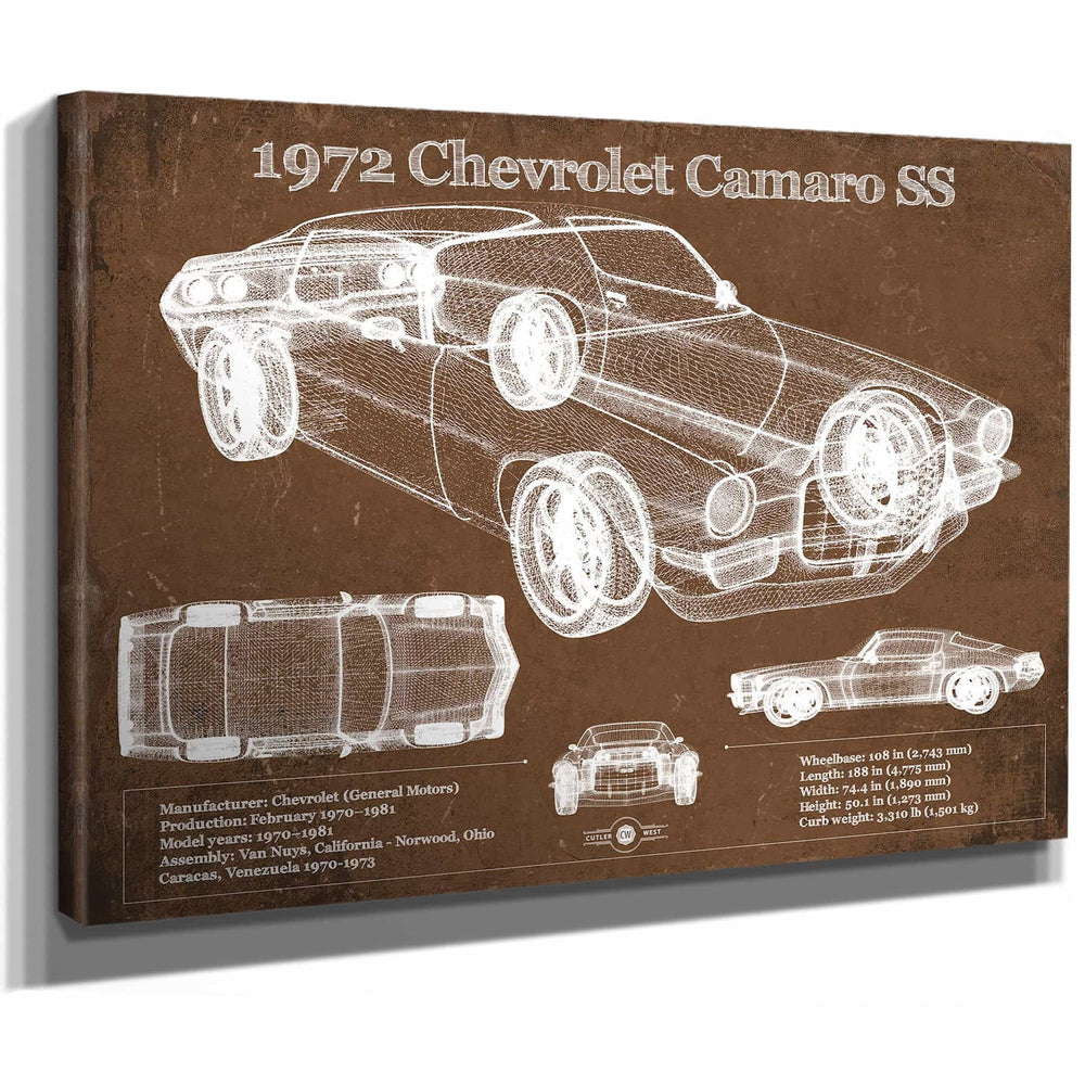 1972 Chevrolet Camaro SS Vintage Blueprint Auto Print