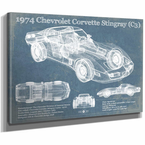 1974 Chevrolet Corvette Stingray (C3) Coupe Vintage Blueprint Auto Print