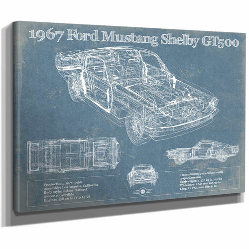 1967 Ford Mustang Shelby GT500 Vintage Blueprint Auto Print