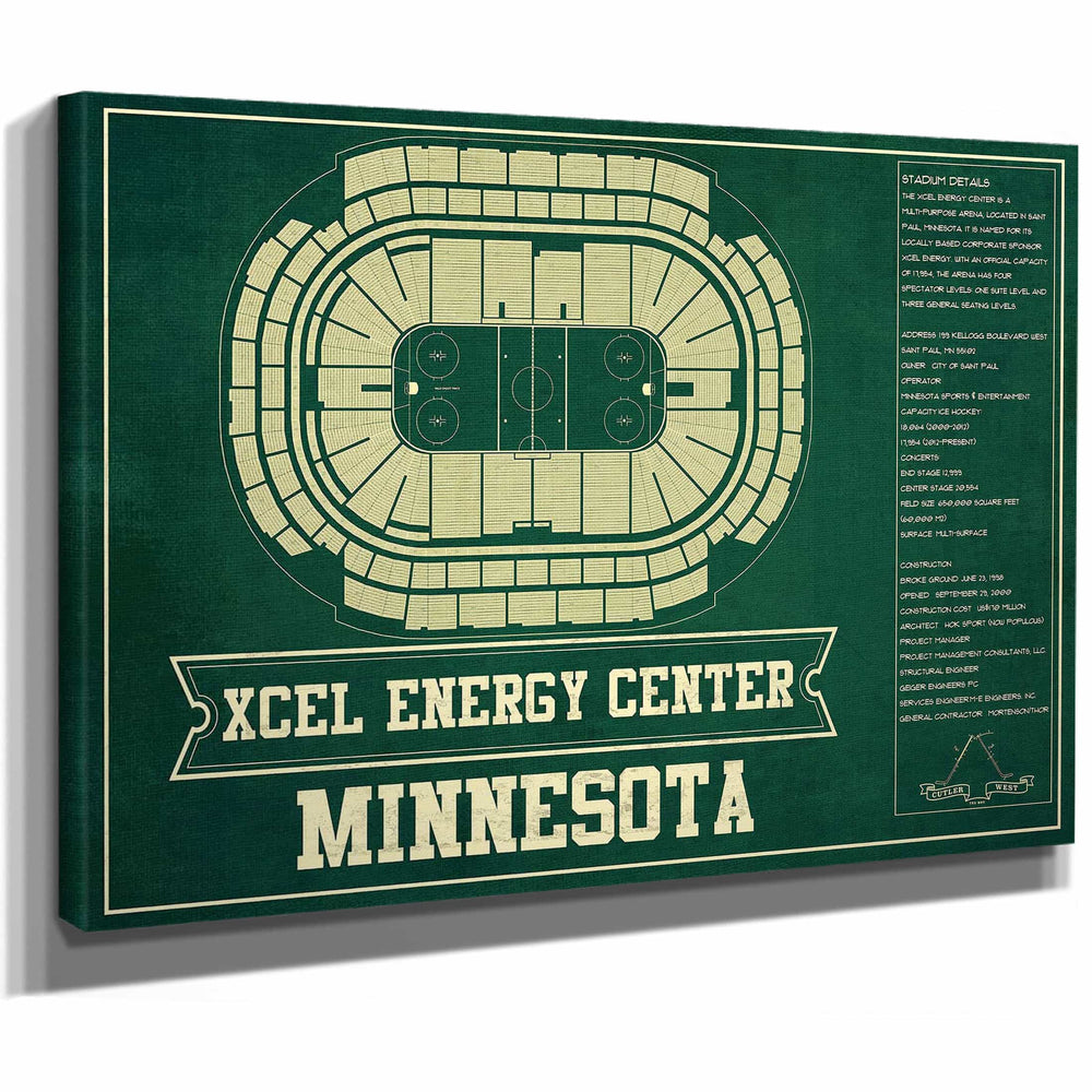 Minnesota Wild - Xcel Energy Center Vintage Hockey Blueprint NHL Print