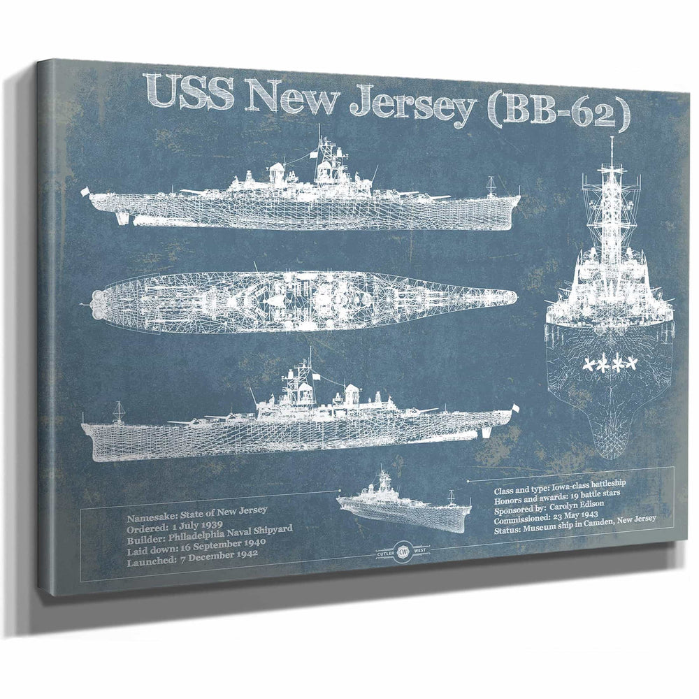 USS New Jersey (BB-62) Battleship Blueprint Original Military Wall Art - Customizable