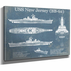 USS New Jersey (BB-62) Battleship Blueprint Original Military Wall Art - Customizable