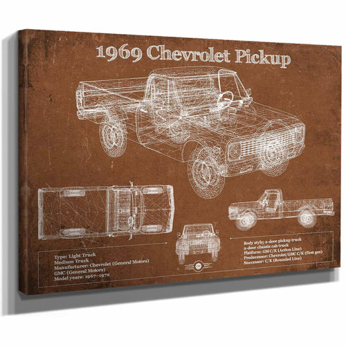 1969 Chevy Shortbox Pickup Vintage Blueprint Auto Print