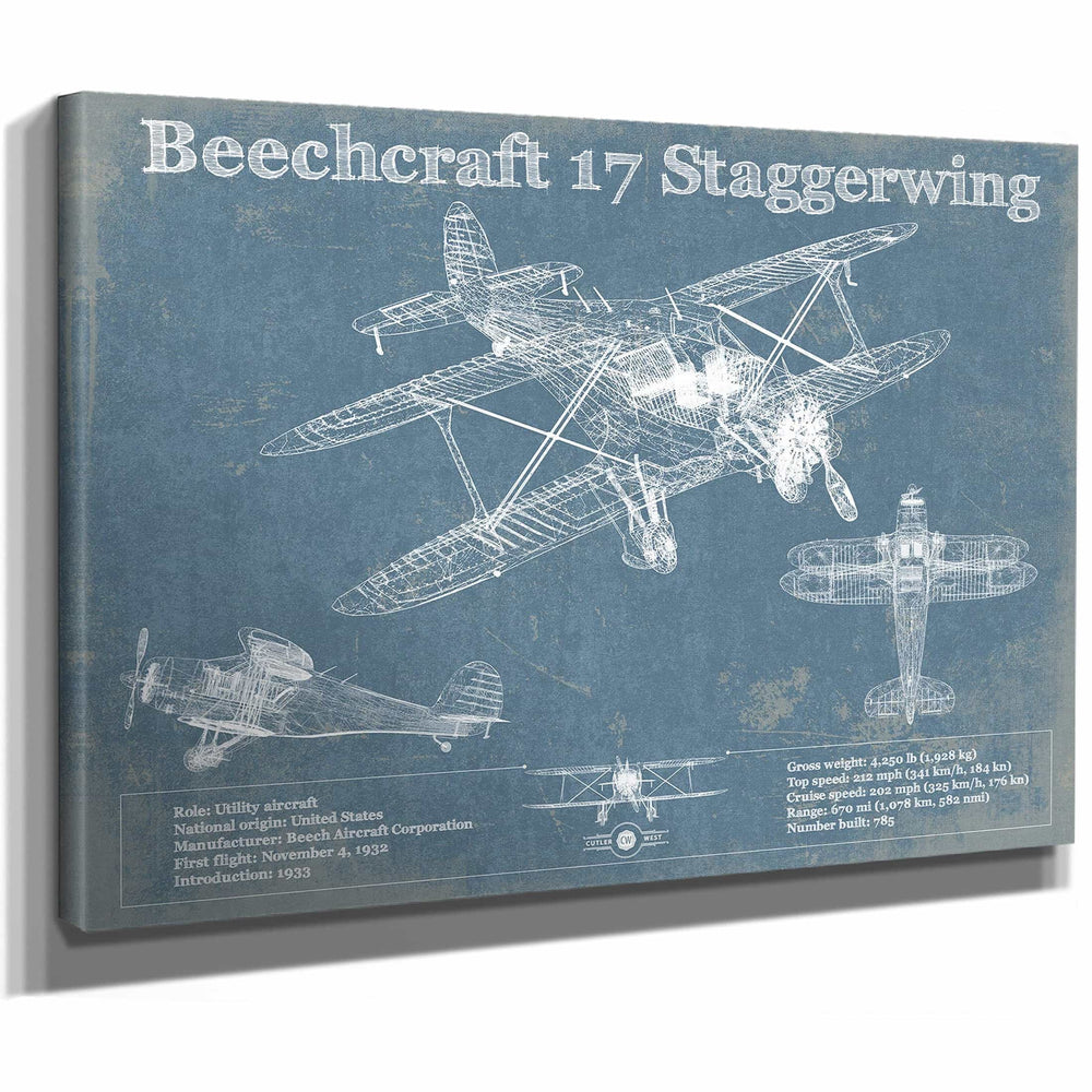 Beechcraft Model 17 Staggerwing Vintage Blueprint Airplane Print