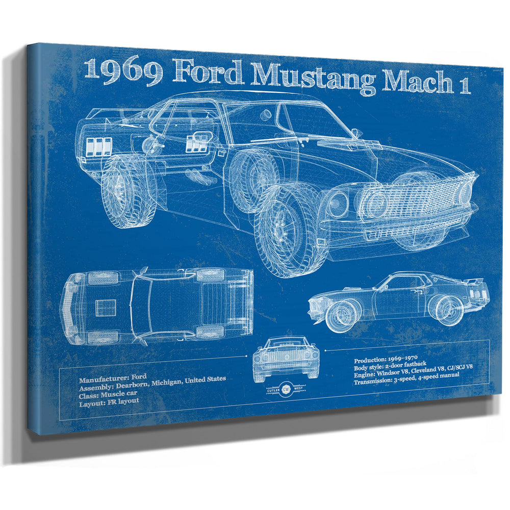 1969 Ford Mustang Mach 1 Vintage Blueprint Auto Print