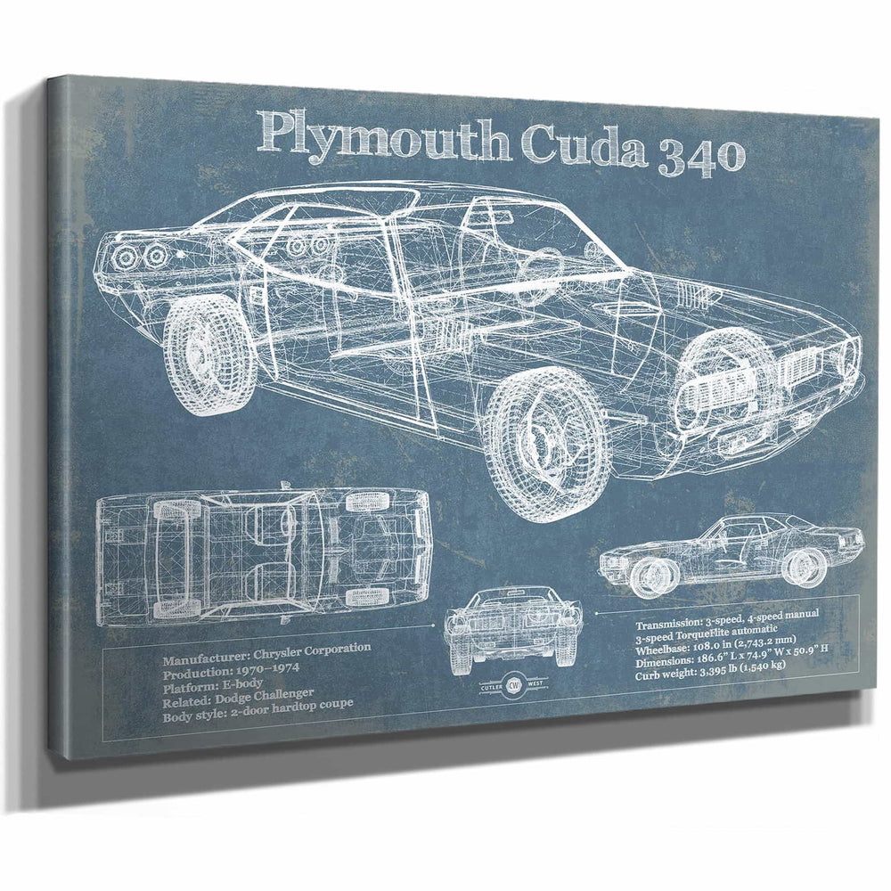 1972-1974 Plymouth Barracuda 340 Vintage Blueprint Auto Print