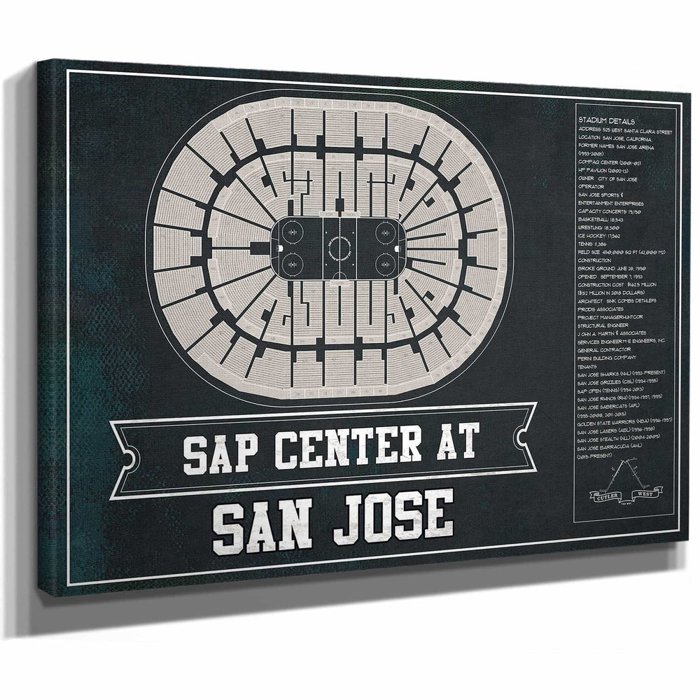 San Jose Sharks Team Colors - SAP Center (San Jose Arena) Vintage Hockey Blueprint NHL Print
