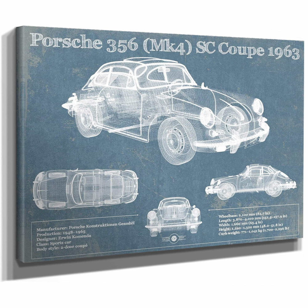 Porsche 356 (Mk4) SC Coupe 1963 Vintage Blueprint Auto Print