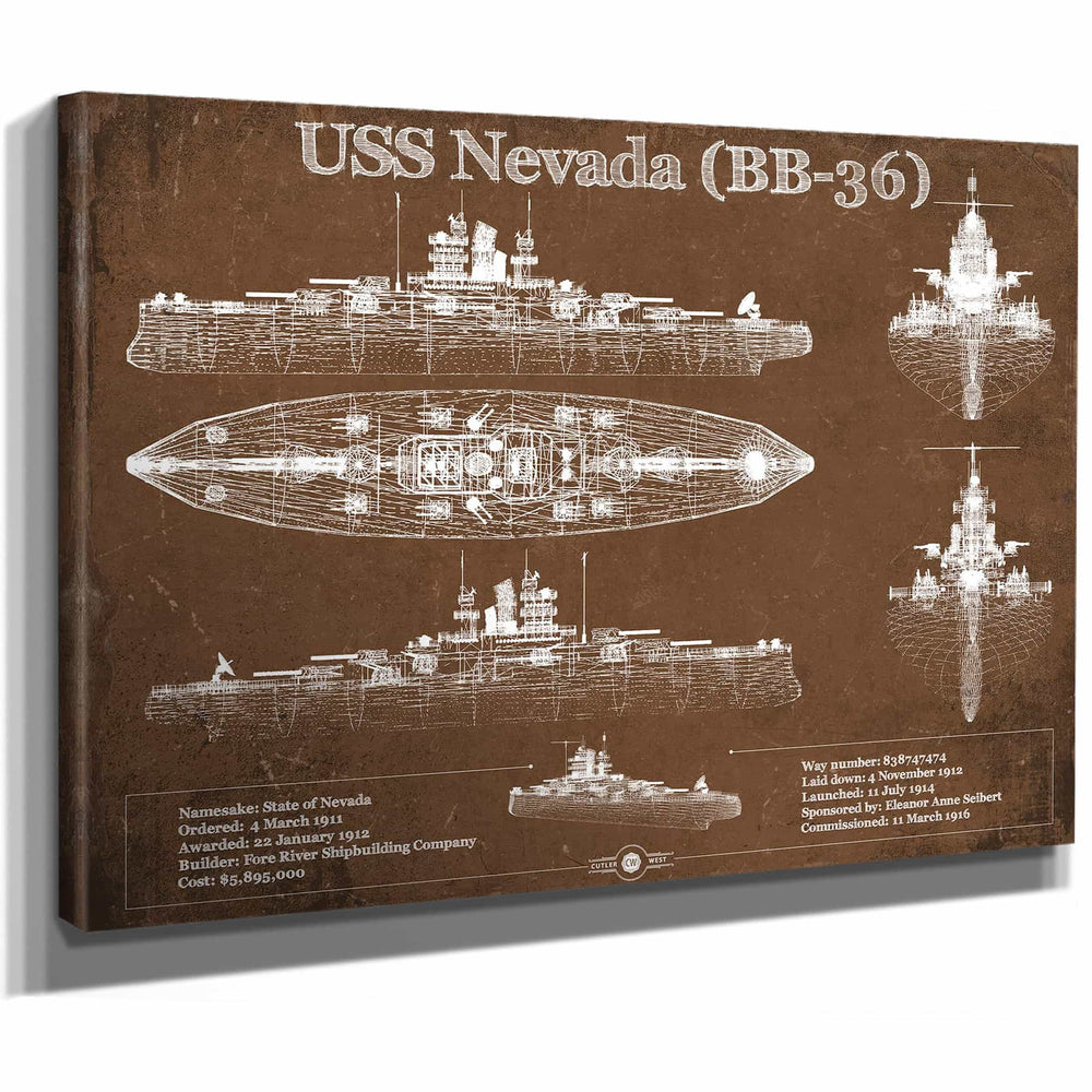 USS Nevada (BB-36) Battleship Blueprint Original Military Wall Art - Customizable