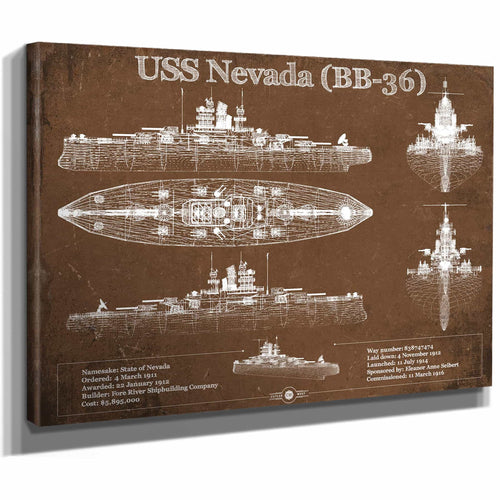 USS Nevada (BB-36) Battleship Blueprint Original Military Wall Art - Customizable