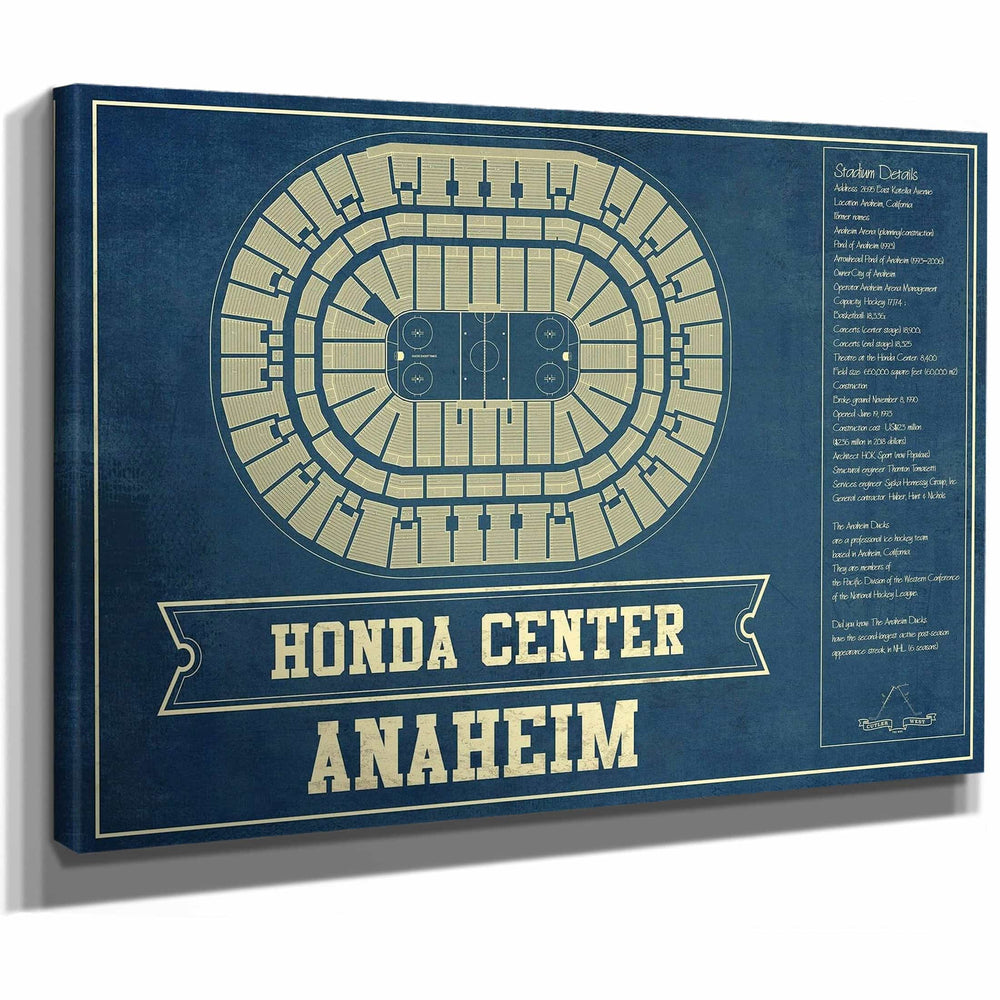 Anaheim Ducks Team Colors - Honda Center Vintage Hockey Blueprint NHL Print
