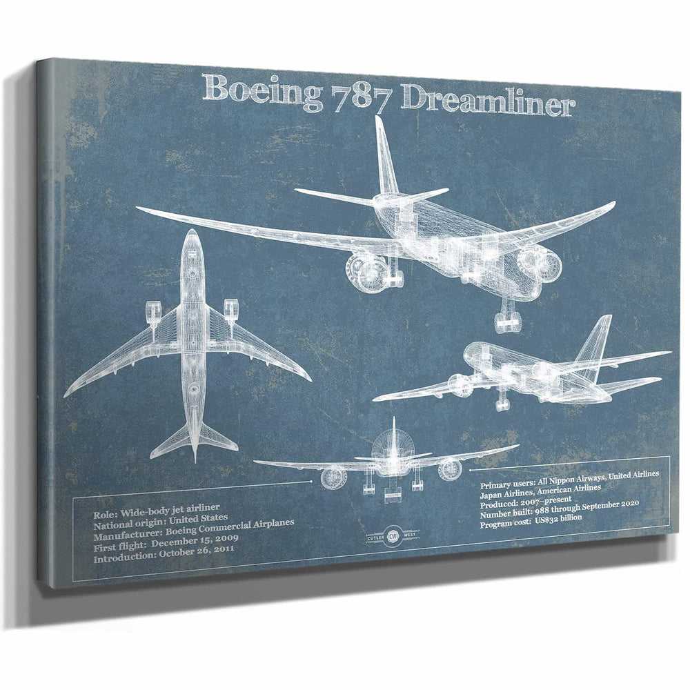Boeing 787 Dreamliner Vintage Aviation Blueprint Print - Custom Pilot Name Can Be Added