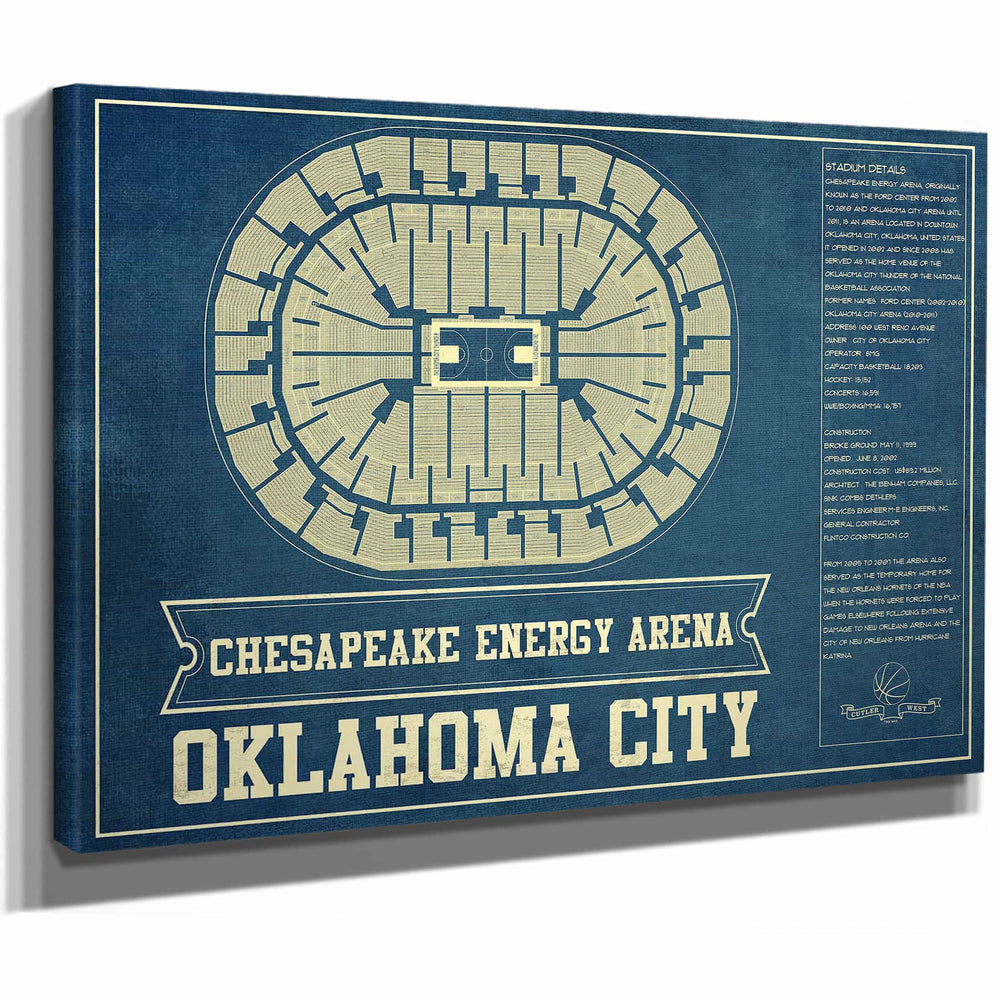 Oklahoma City Thunder - Chesapeake Energy Arena Vintage Basketball Blueprint NBA Team Color Print