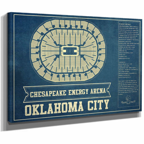 Oklahoma City Thunder - Chesapeake Energy Arena Vintage Basketball Blueprint NBA Team Color Print
