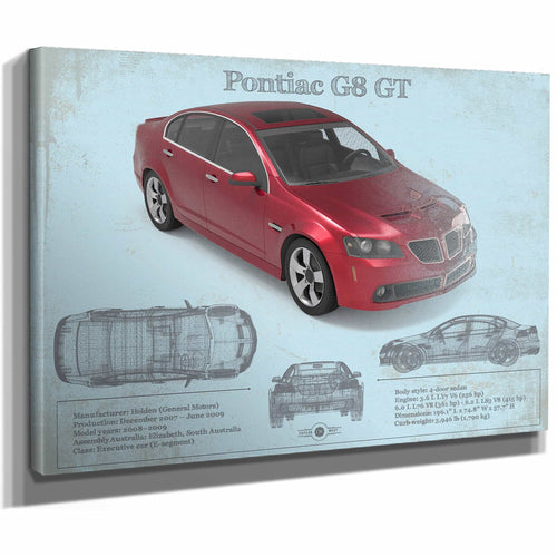 Pontiac G8 Gt Sport Red Metallic Blueprint Vintage Auto Print