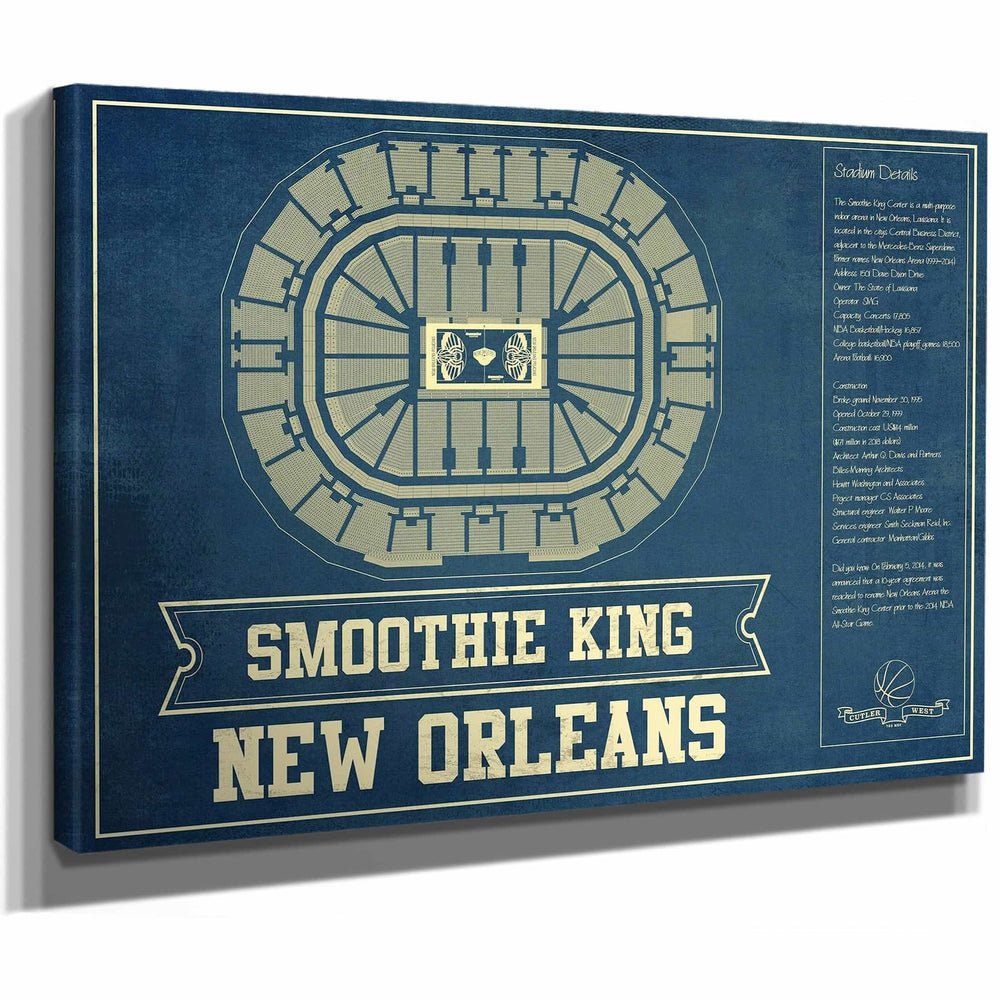 New Orleans Pelicans Smoothie King Center Vintage Basketball Blueprint NBA Print