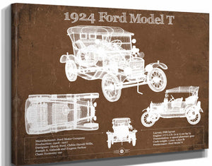 14" x 11" / Stretched Canvas Wrap Cutler West 1924 Ford Model T Vintage Blueprint Auto Print