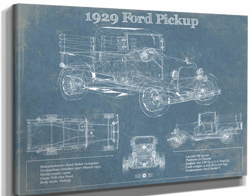 14" x 11" / Stretched Canvas Wrap Cutler West 1929 Ford Model A Pickup Vintage Blueprint Auto Print