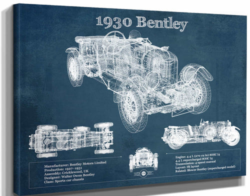 14" x 11" / Stretched Canvas Wrap Cutler West 1930 Bentley Vintage Blueprint Auto Print