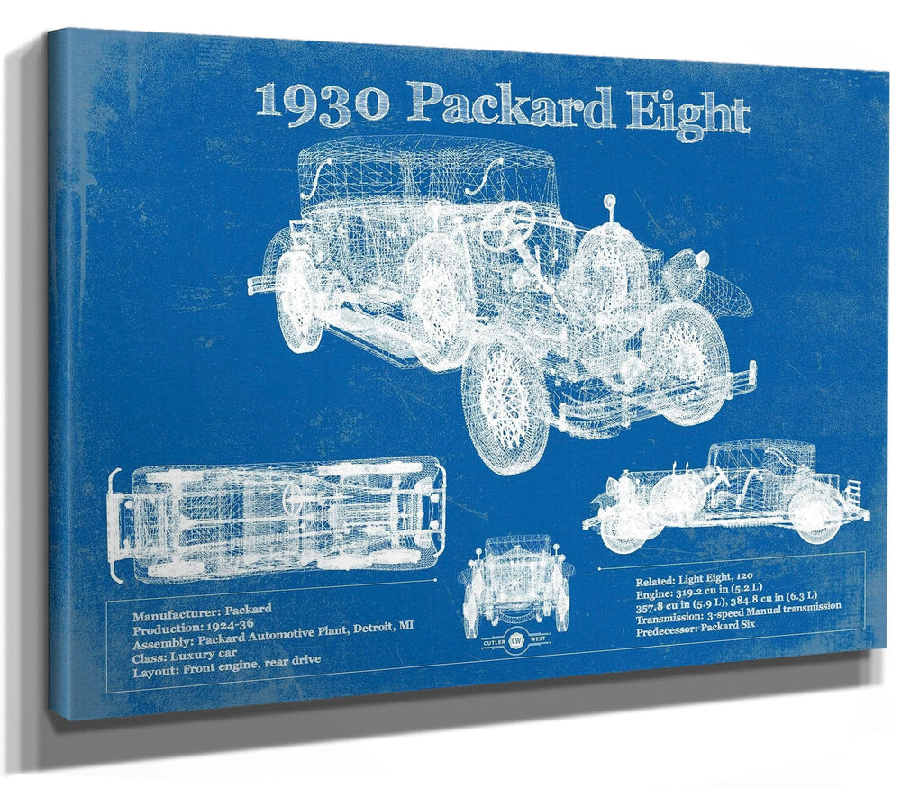 14" x 11" / Stretched Canvas Wrap Cutler West 1930 Packard Eight Vintage Blueprint Auto Print