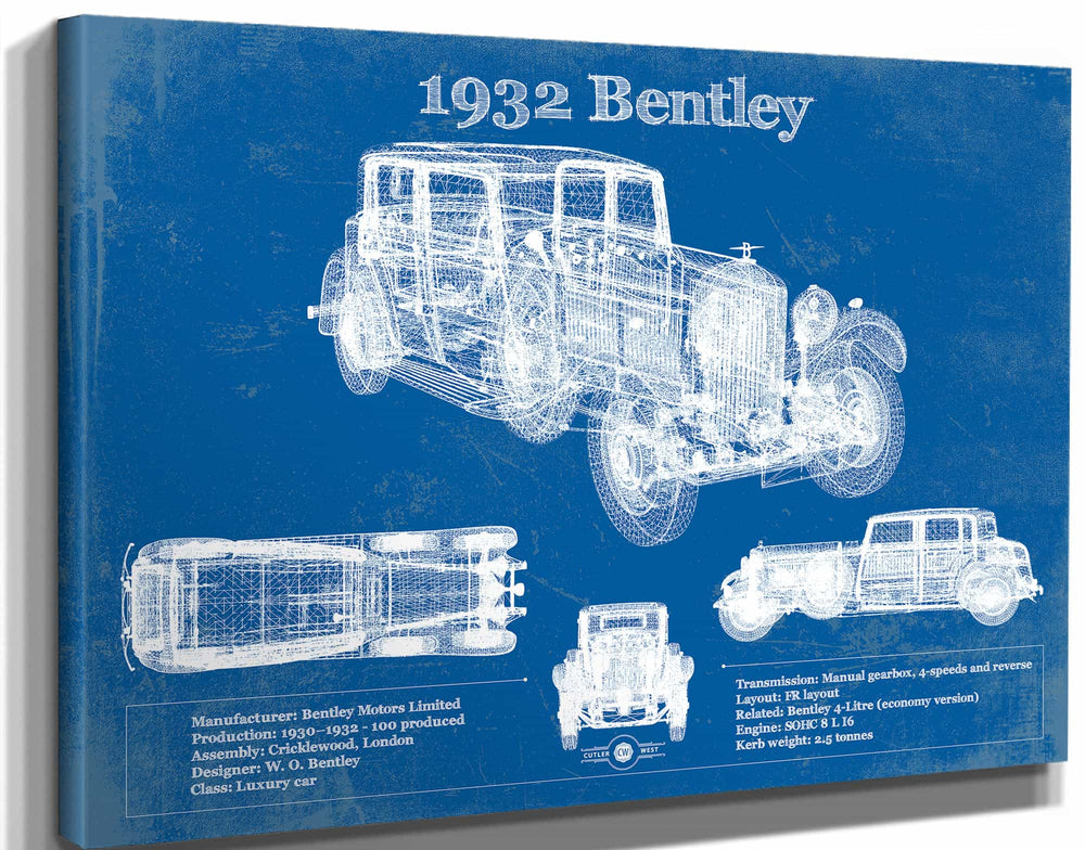 14" x 11" / Stretched Canvas Wrap Cutler West 1932 Bentley Vintage Blueprint Auto Print