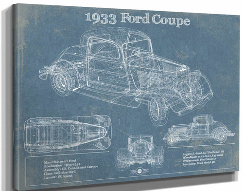 14" x 11" / Stretched Canvas Wrap Cutler West 1933 Ford Coupe Vintage Blueprint Auto Print