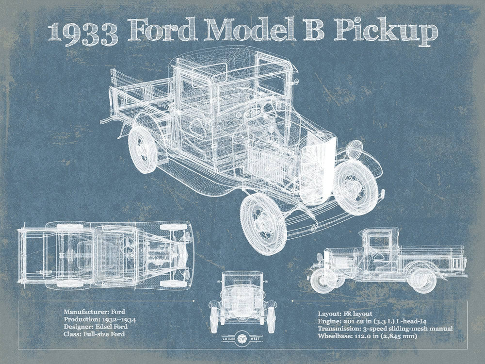 14" x 11" / Stretched Canvas Wrap Cutler West 1933 Ford Model B Pickup Vintage Blueprint Auto Print