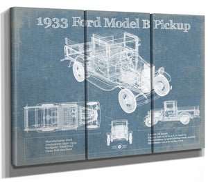 36" x 24" / 3 Panel Canvas Wrap Cutler West 1933 Ford Model B Pickup Vintage Blueprint Auto Print